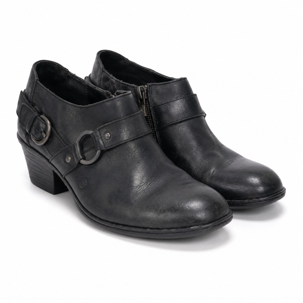 Børn Womens Black Leather Ankle Booties‎ Size 11/43 Side Zip Buckle Strap Low...